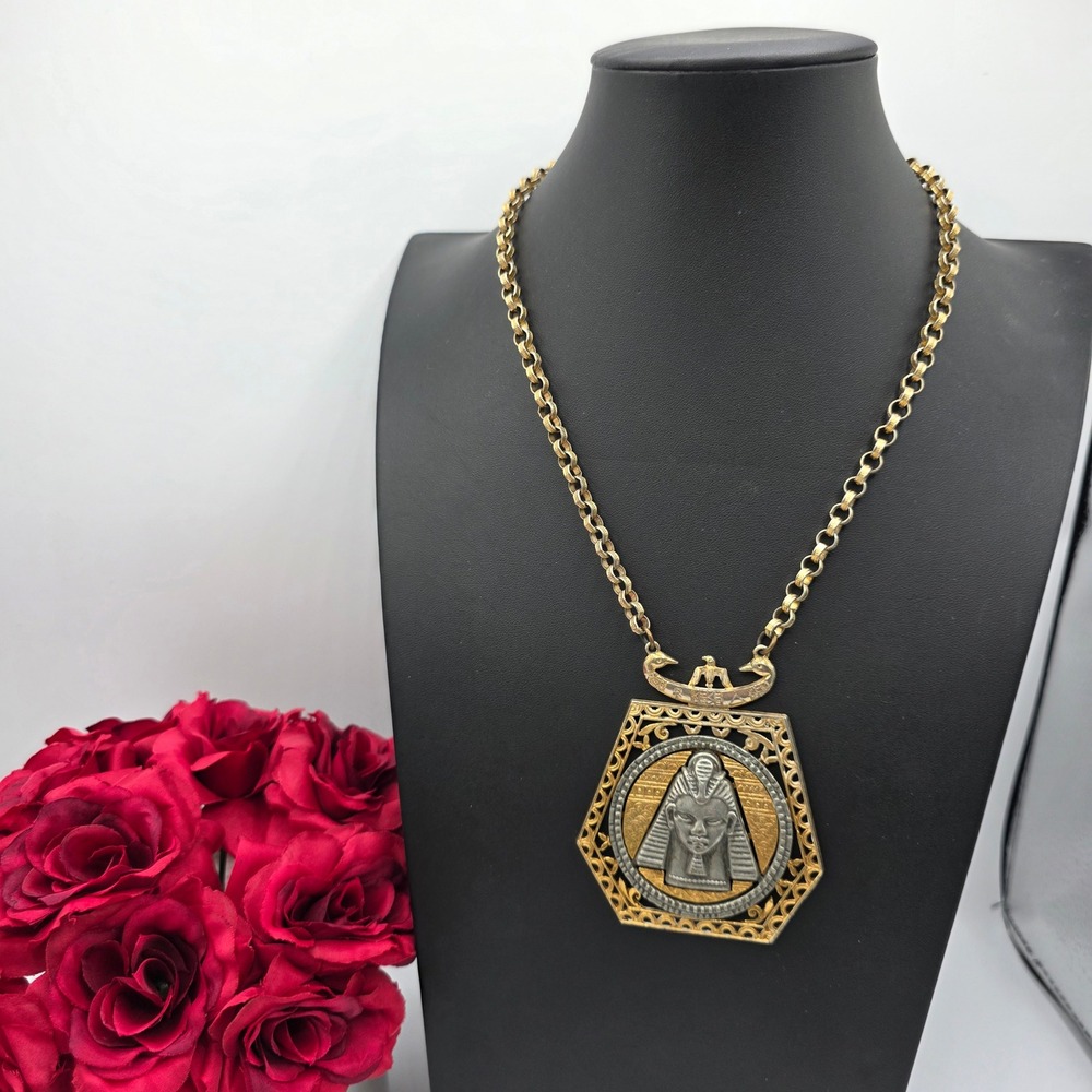 Vintage ART Egyptian Revival Pharaoh Necklace Two Tone Gold Silver Statement 22"